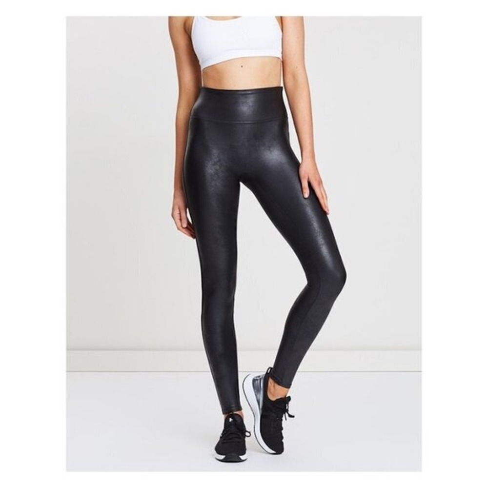 SPANX High Rise Seamless Faux Leather Leggings in Black 27" Size XL 160